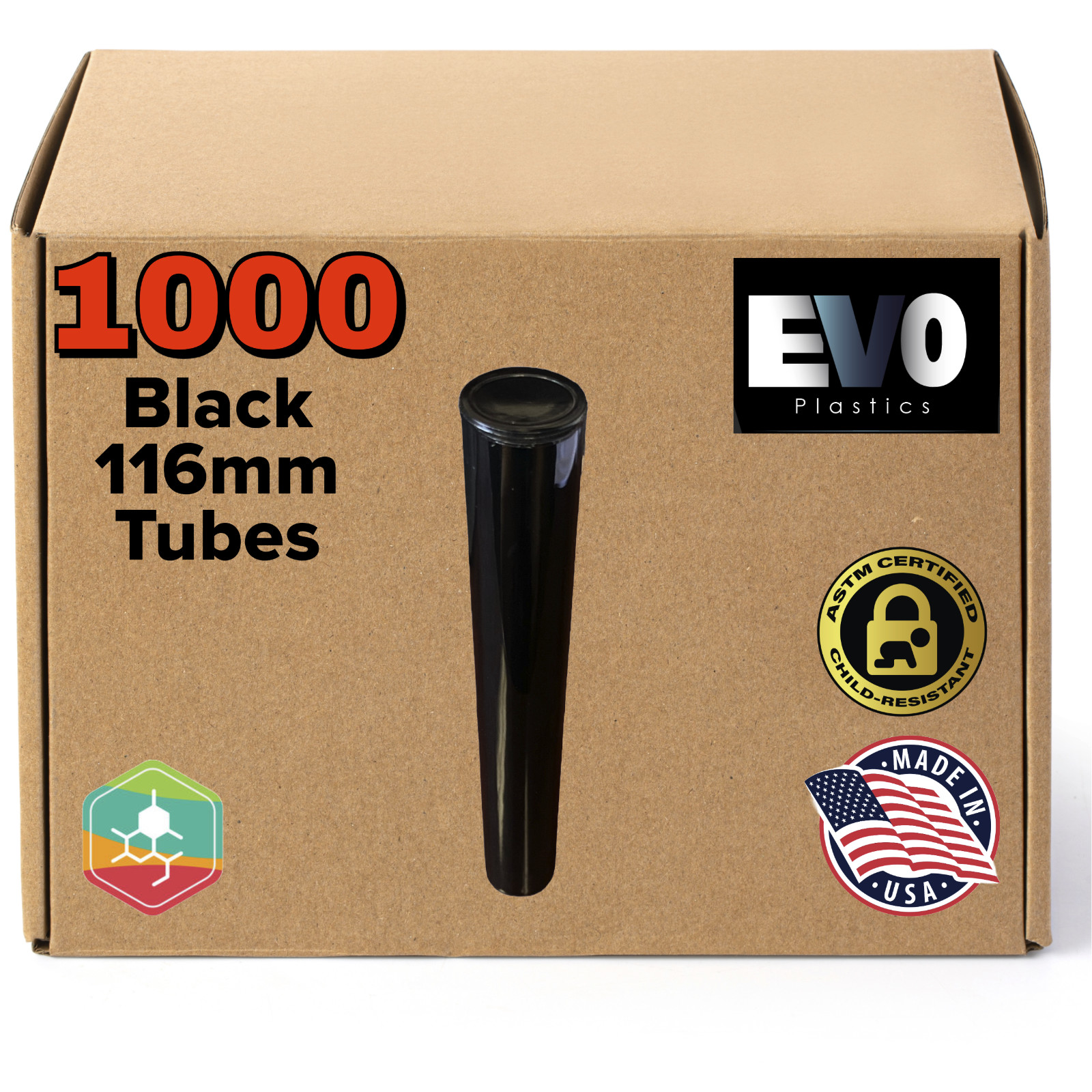 116mm Black Pre Roll Tubes  Pop Top - King Size - Plastic Storage - 1000 count