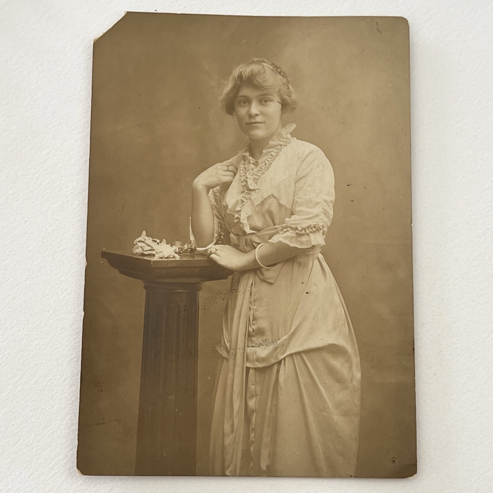 Antique Sepia Studio Photograph Beautiful Young Woman Lovely Dress Flower