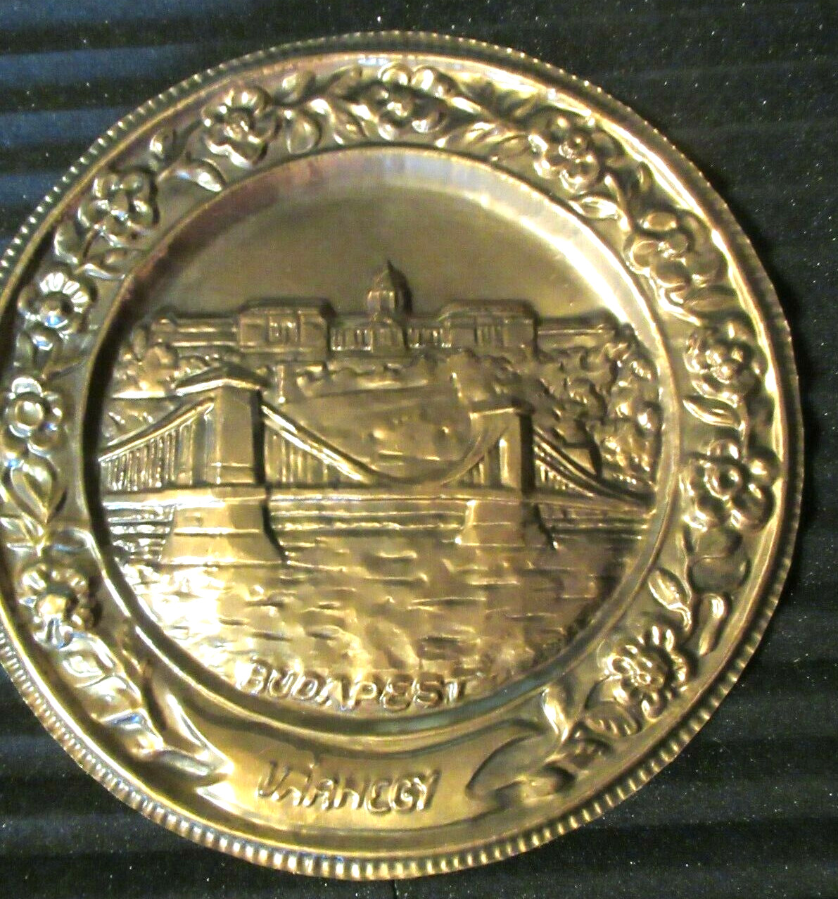 Vintage Stamped Copper Plate of Varhegy, Szechenyi Chain Bridge