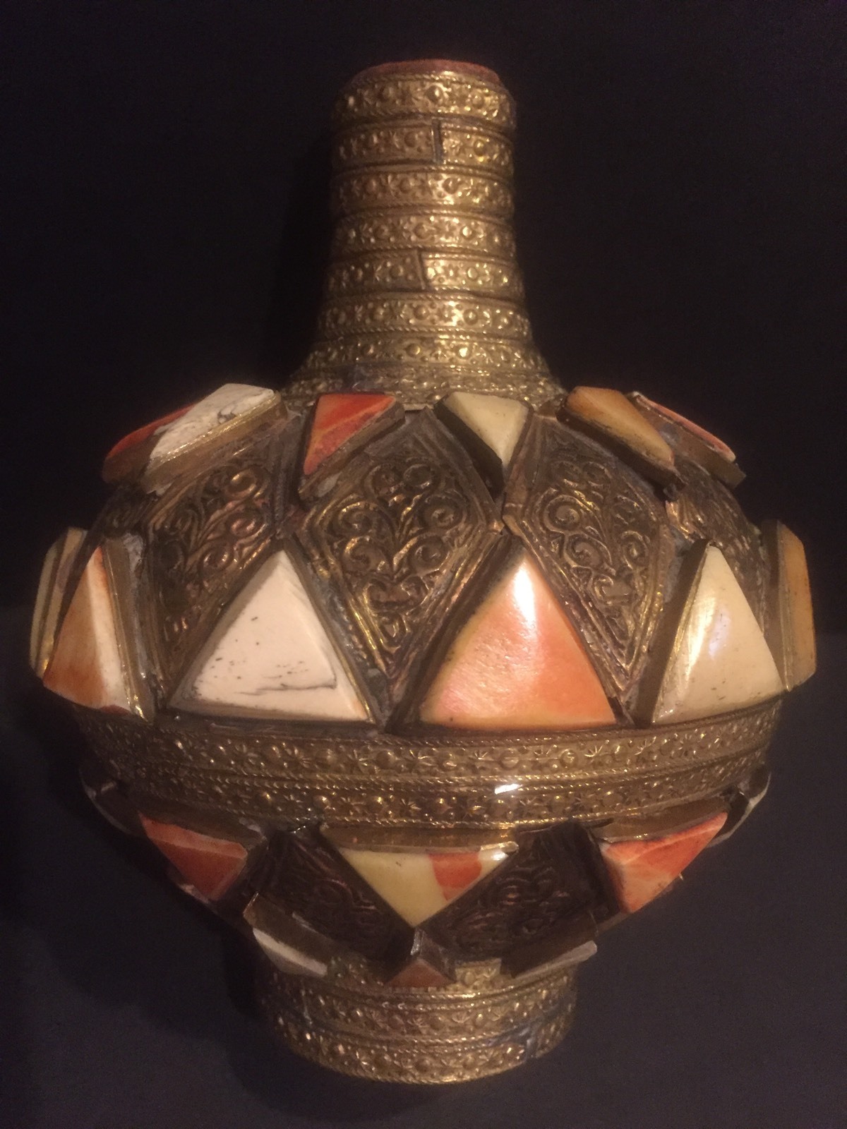Maroccan Pottery Brass And  Camel Bone Mosaic Miniature Decorative Vase 7\