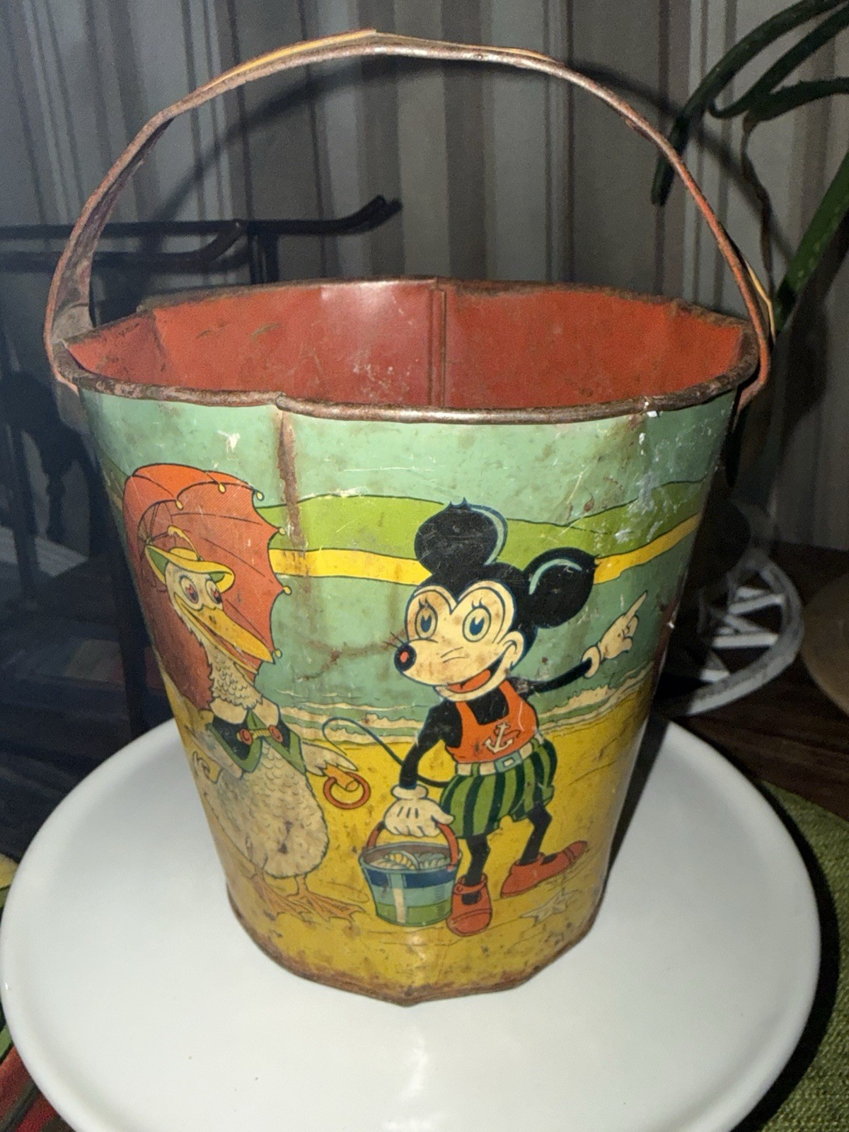 1930s T. Cohn Tin Scrappy at the Seashore Sand Pail Beach Friends Mickey Mouse