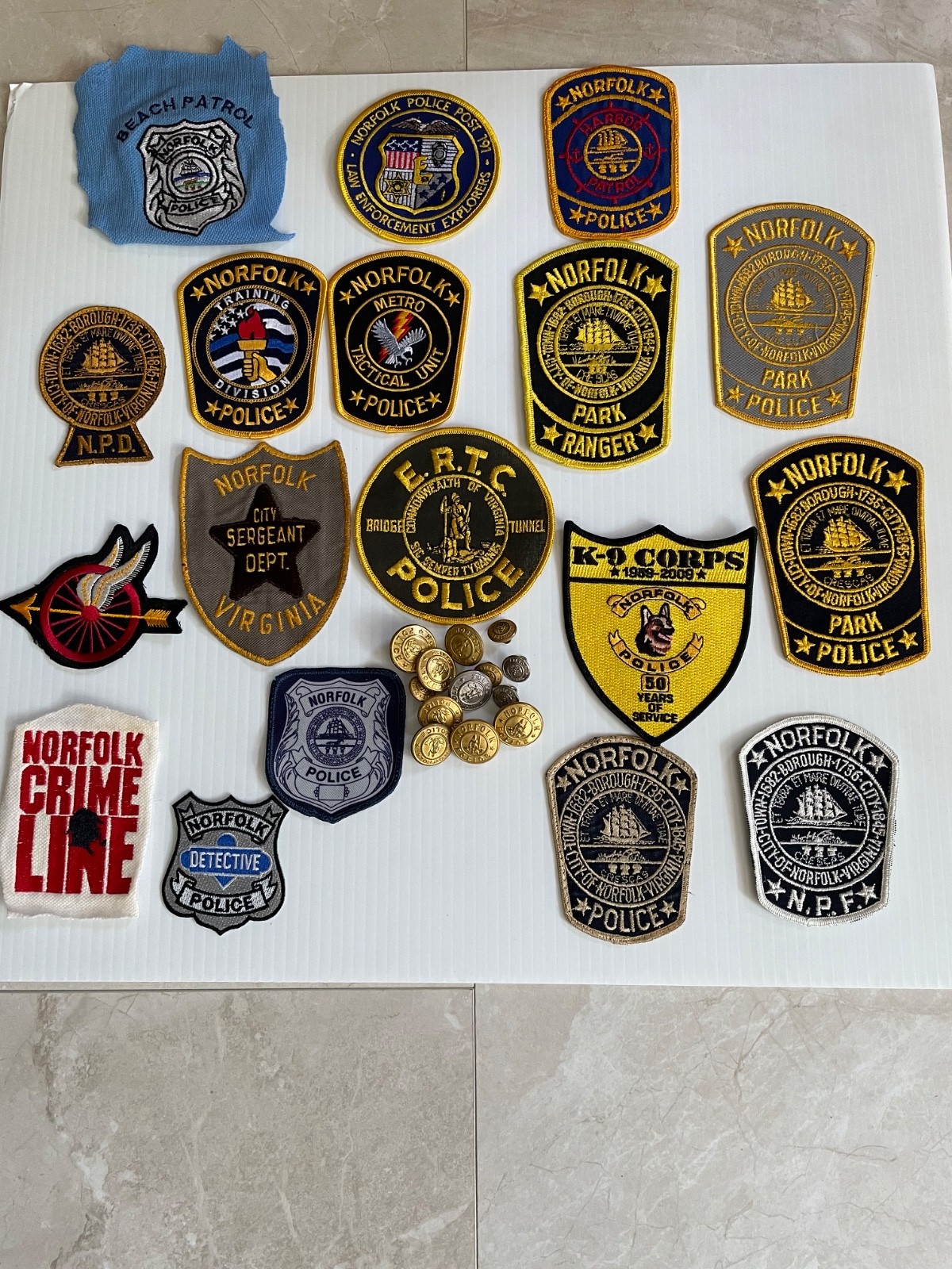 Vintage Norfolk VA Police Patches, keyhole 1950's, obsolete buttons, K-9, Tactic
