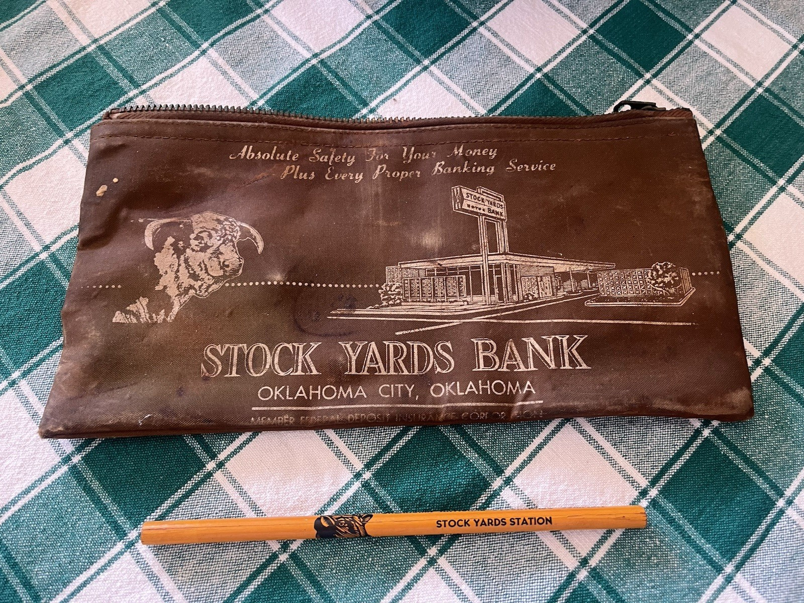 Stock Yards Bank Oklahoma City OK RARE Vintage Money Bag & Unsharpened Pencil Stock Yards Bank Oklahoma City OK RARE Vintage Money Bag & Unsharpened Pencil