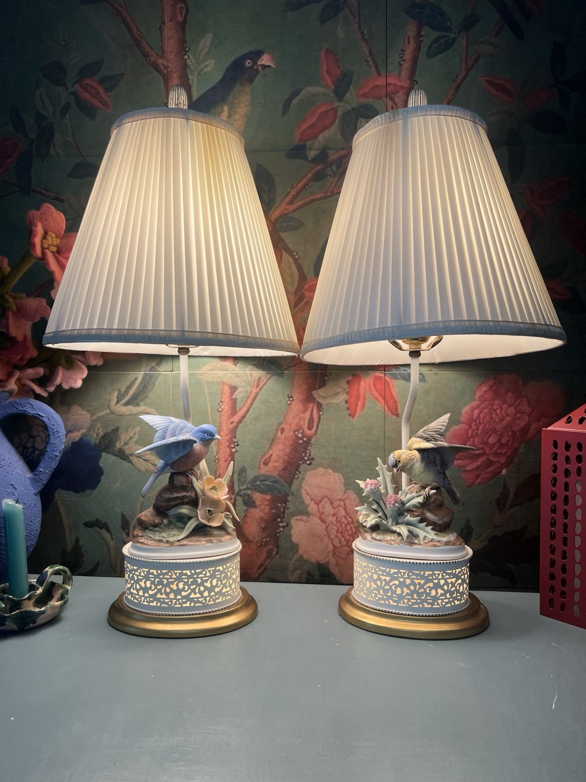 Vintage Pair Andrea by Sadek Bird Lamps 3-Way Light English Garden Cottagecore
