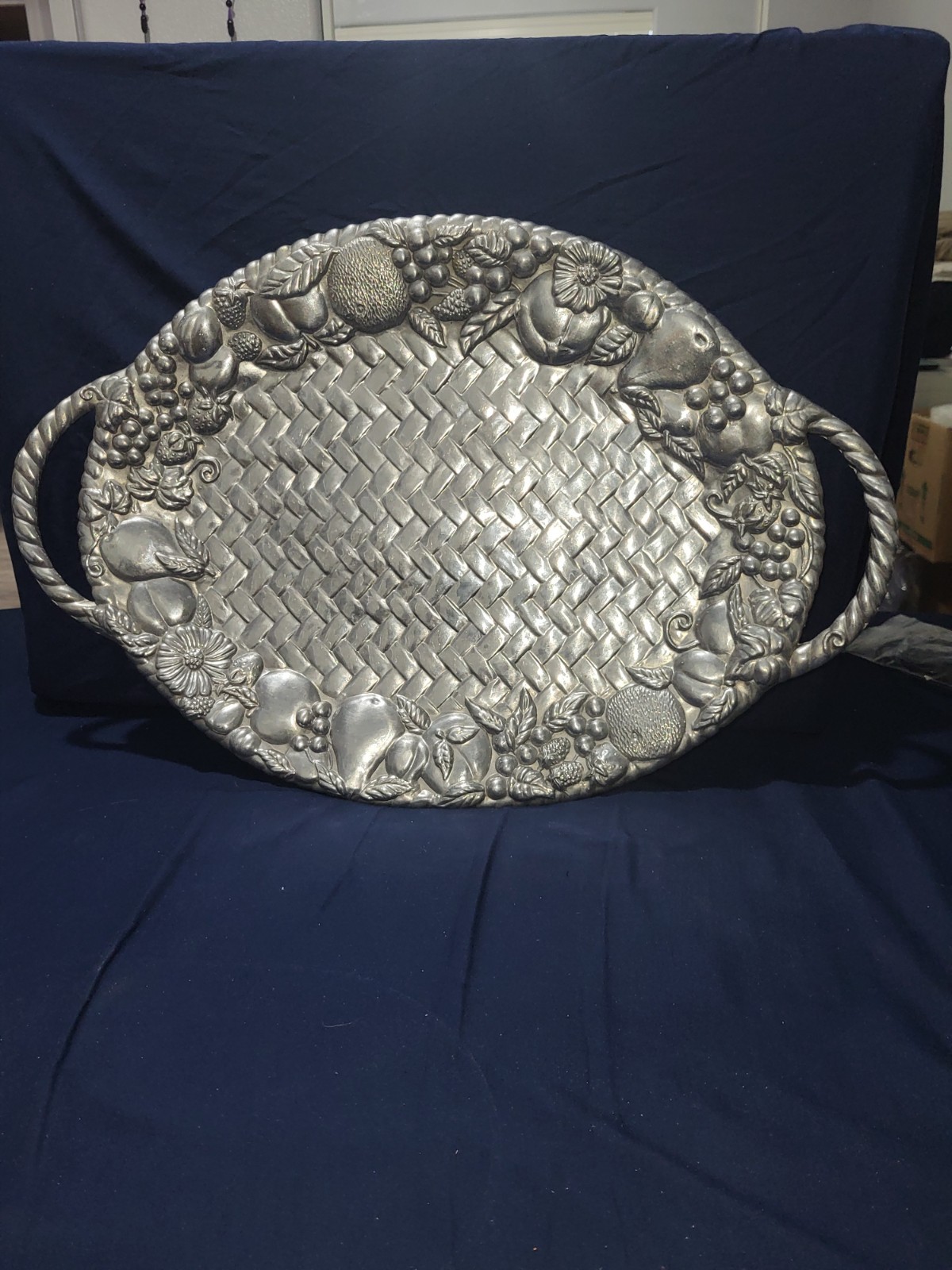 Lenox Grape & Vine Pattern Weave 22” Pewter Tray Serving Platter With Handles