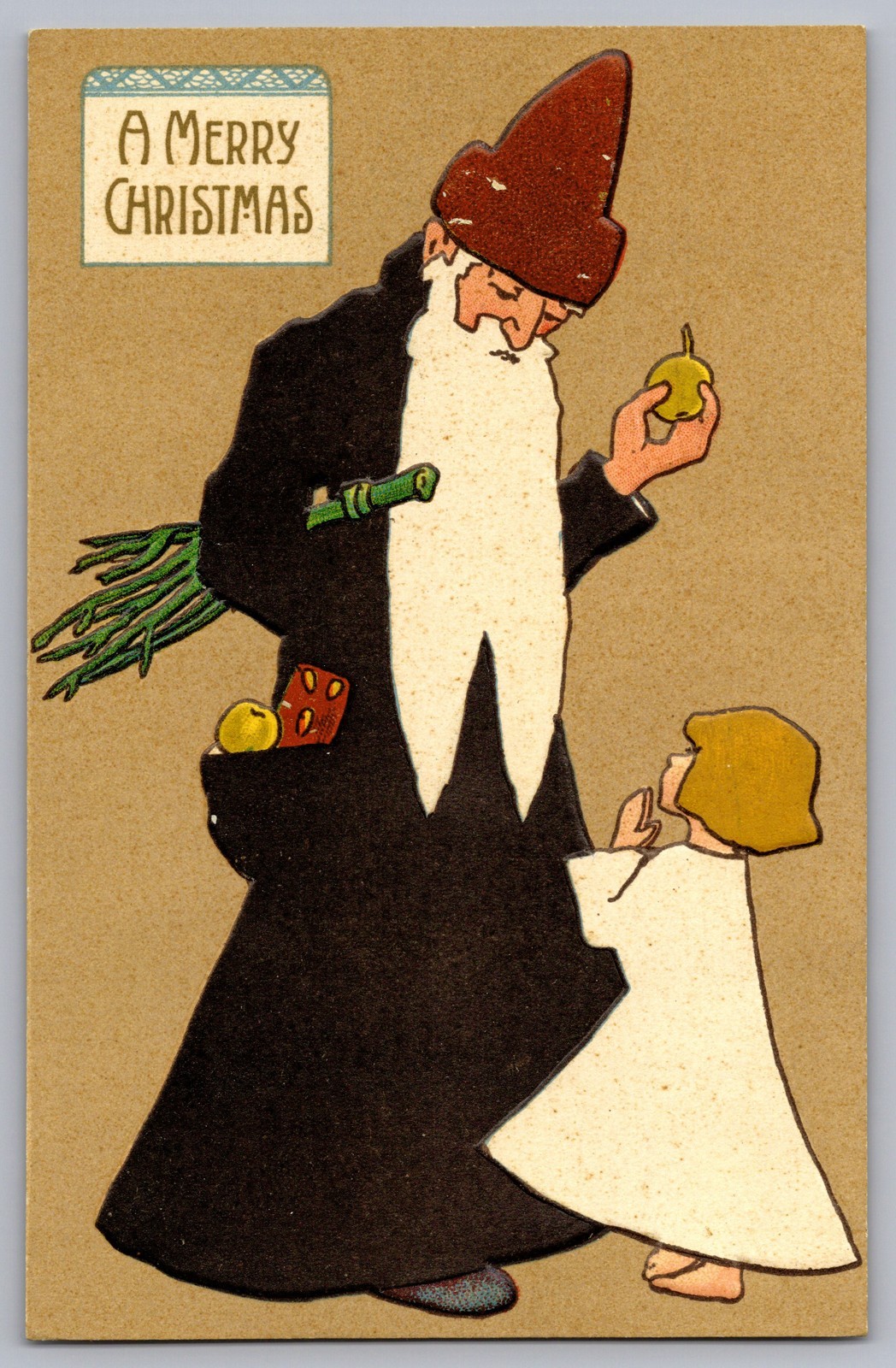 Antq Christmas Postcard Santa Claus Black Robe Fruit Girl Prays Rotograph H 3025