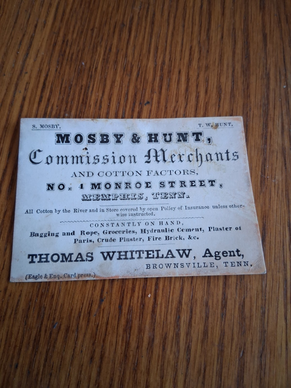 Antique 19th-Century Merchant Trade Card – Mosby & Hunt Commission Merchants...