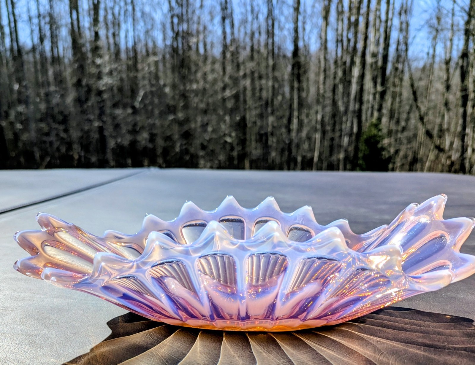 Fostoria VTG-MCM Heirloom Pink Opalescent Oblong Stretched Glass Bowl EC