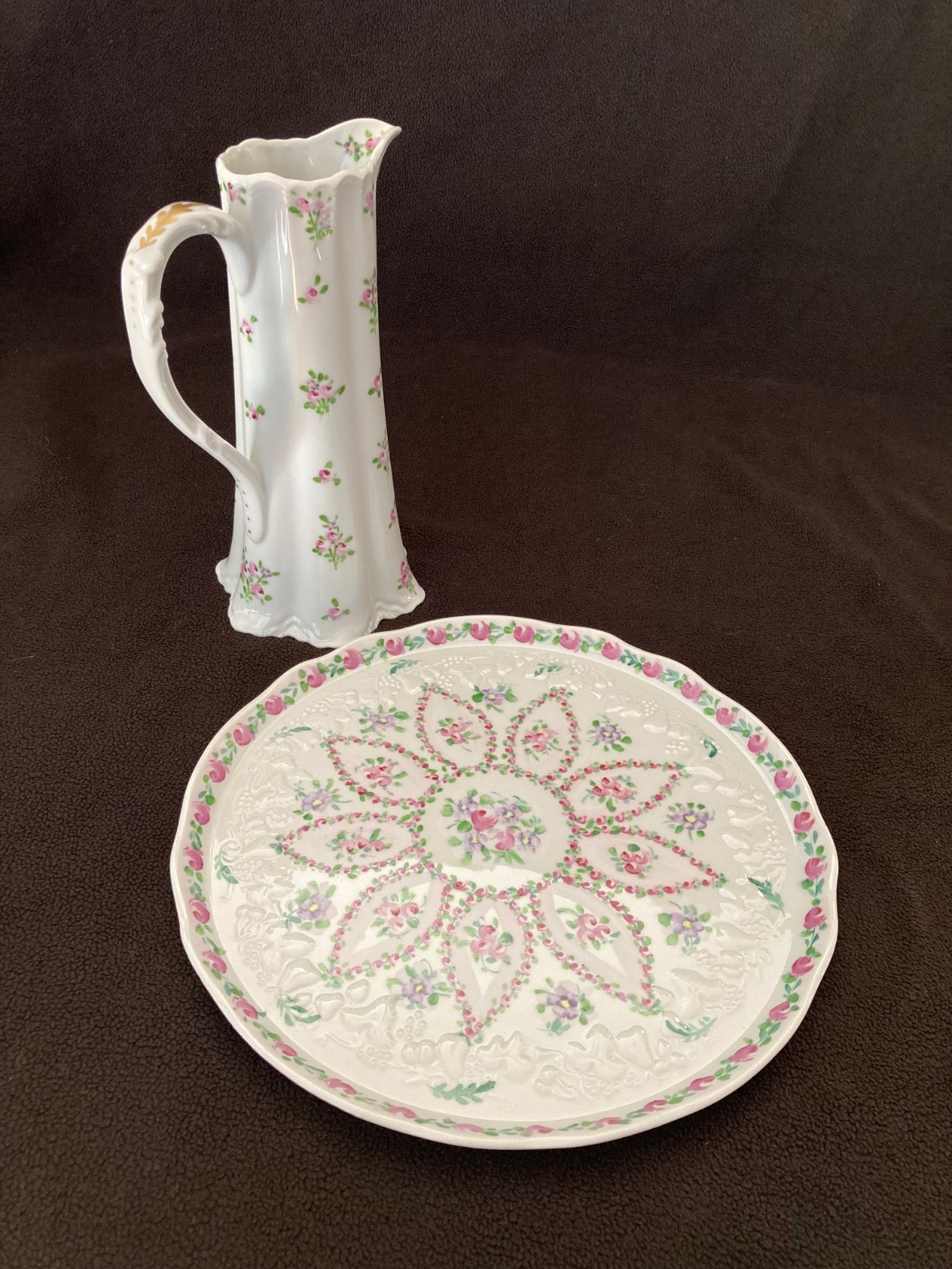 Deshoulieres Porcelain Pitcher and Serving Plate (Handpainted, French, c. 1960s
