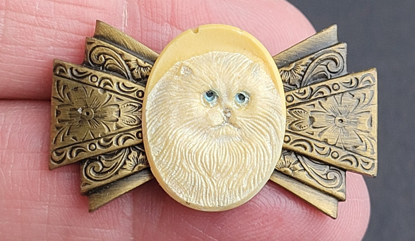 Vintage Tiny Cat Cameo Bow Pin Persian Ragdoll Kitten READ
