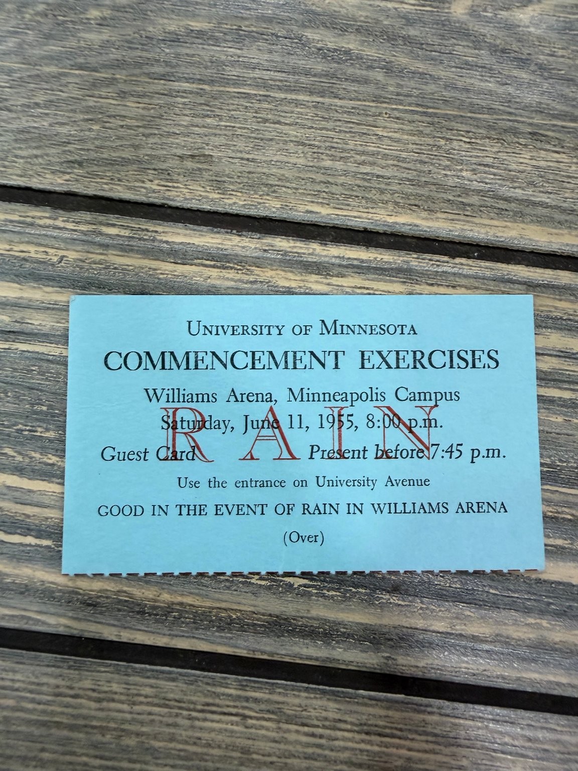 1955 University of Minnesota Commencement Rain Guest Card Ticket Minneapolis