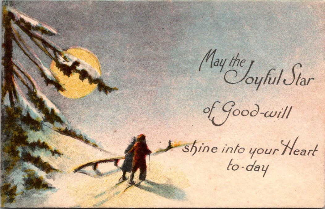 Postcard Christmas Santa & Mrs. Claus Snow Shoes Follow Star c1910 Antique