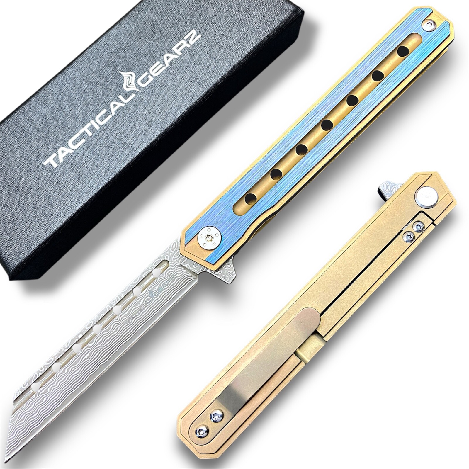 Full Tc4 Titanium EDC Folding Knife Damascus Steel Tanto Blade Ball Bearing