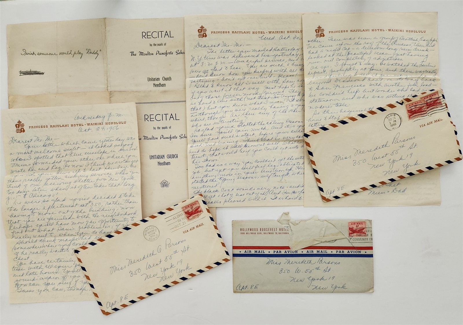 1956 vintage MEREDITH PARSONS ny LETTERS WAIKIKI HONOLULU HAWAII TRAVEL RECITAL