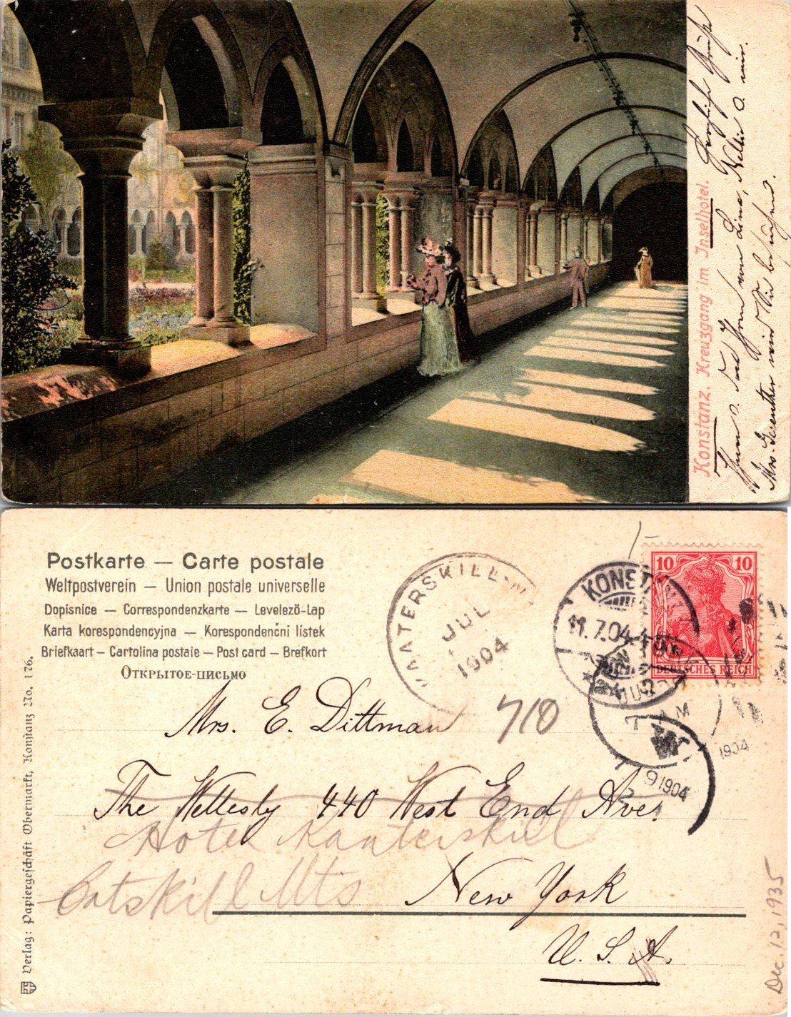 Konstanz Kreuzgang Inselhotel Postcard 1904 Germany Cloister View Postmarked