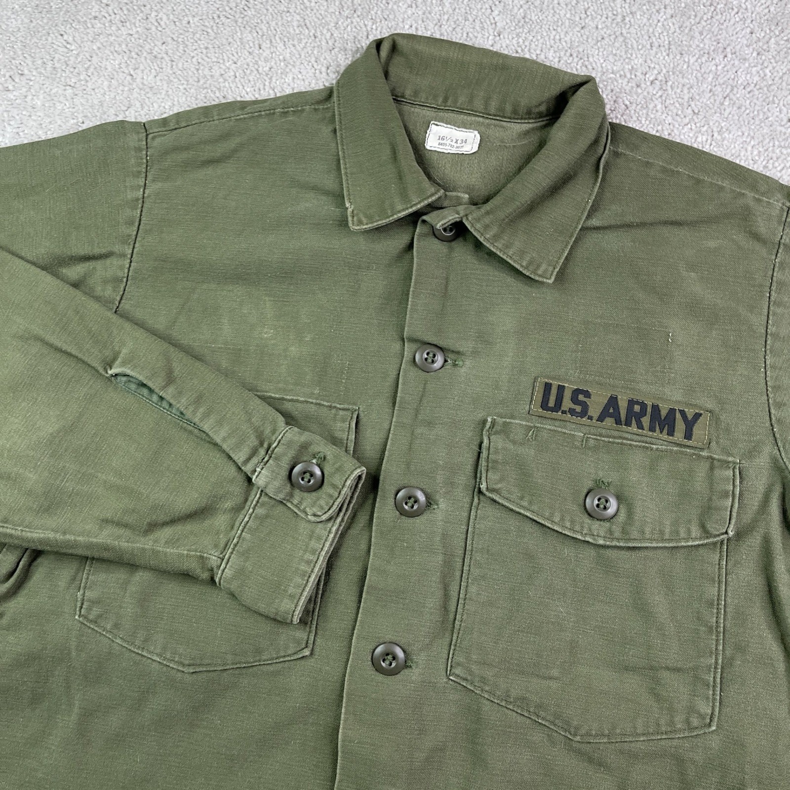 Vintage US Army Shirt Mens 16.5 34 Green OG 107 Sateen Utility Military 70s