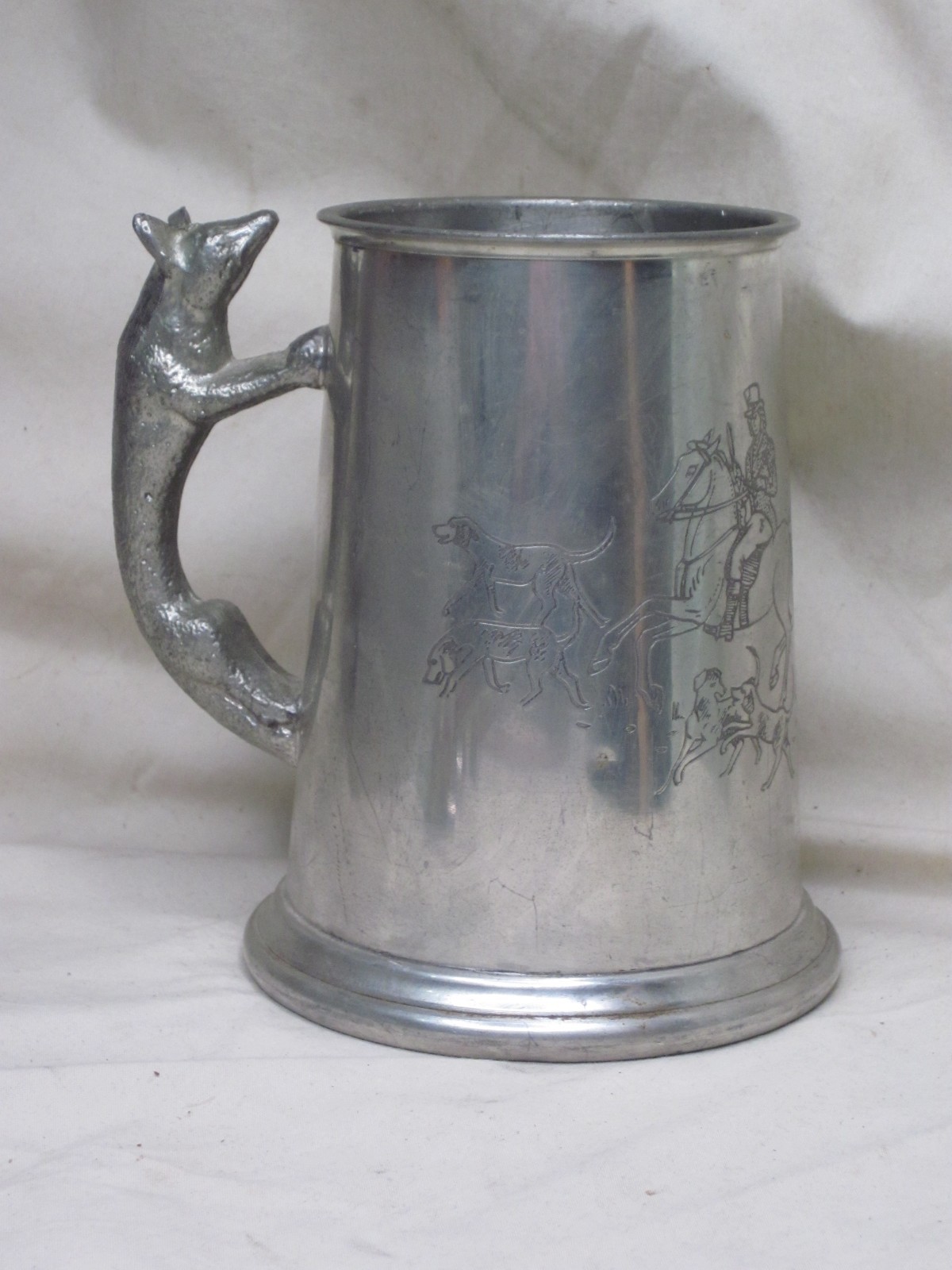 vintage English Pewter Fox handle hunt scene tankard stein metal mug cup