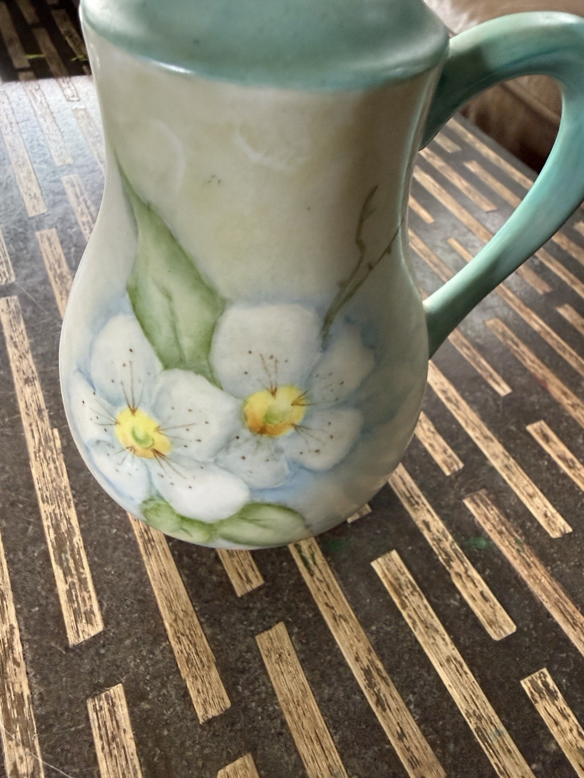 Vintage Porcelain Sugar Shaker Muffineer Aqua Blue Floral 5” w Stopper