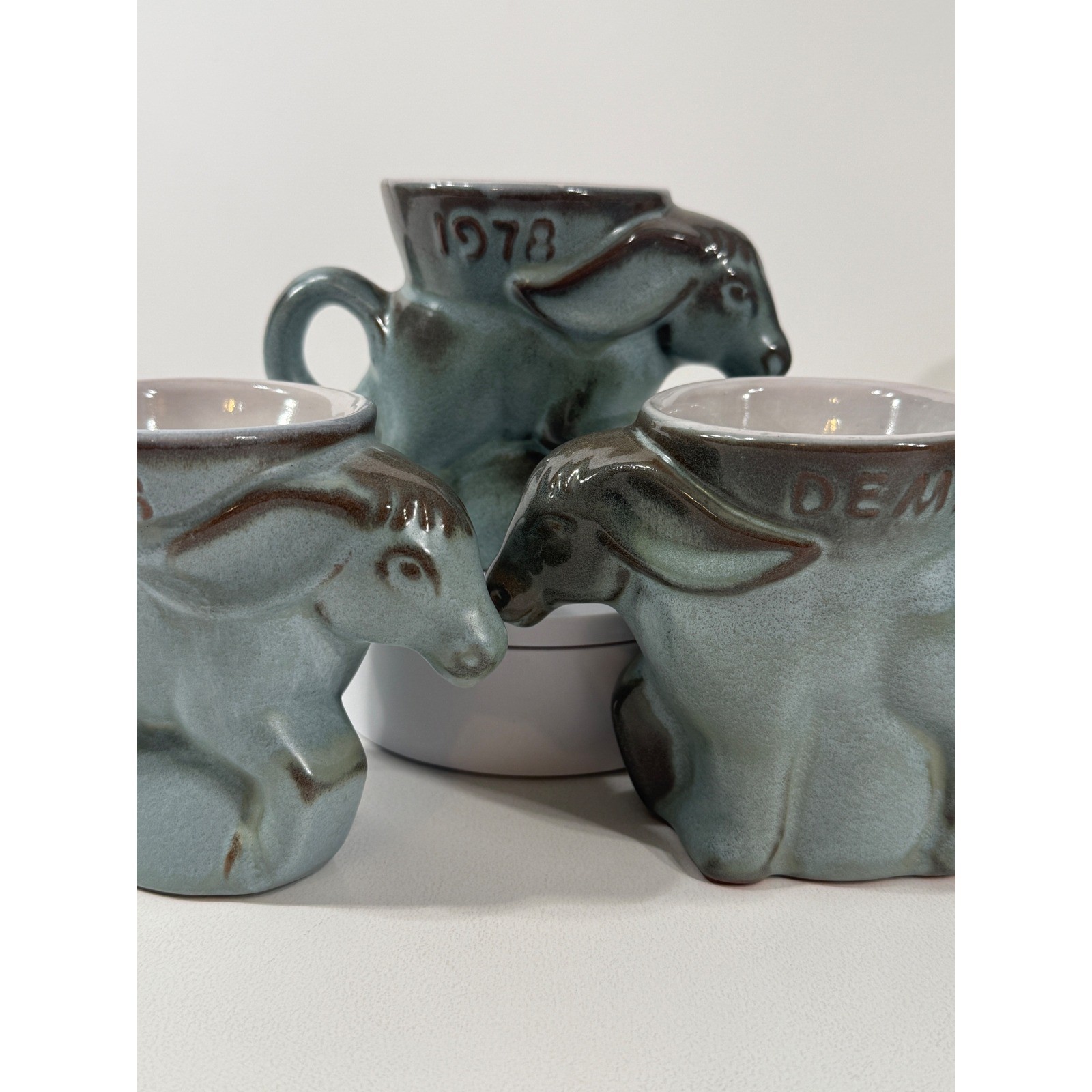 Frankoma Pottery 1978 Democratic Donkey Mugs Set of 3 Blue Glaze DG05-739 Frankoma Pottery 1978 Democratic Donkey Mugs Set of 3 Blue Glaze DG05-739
