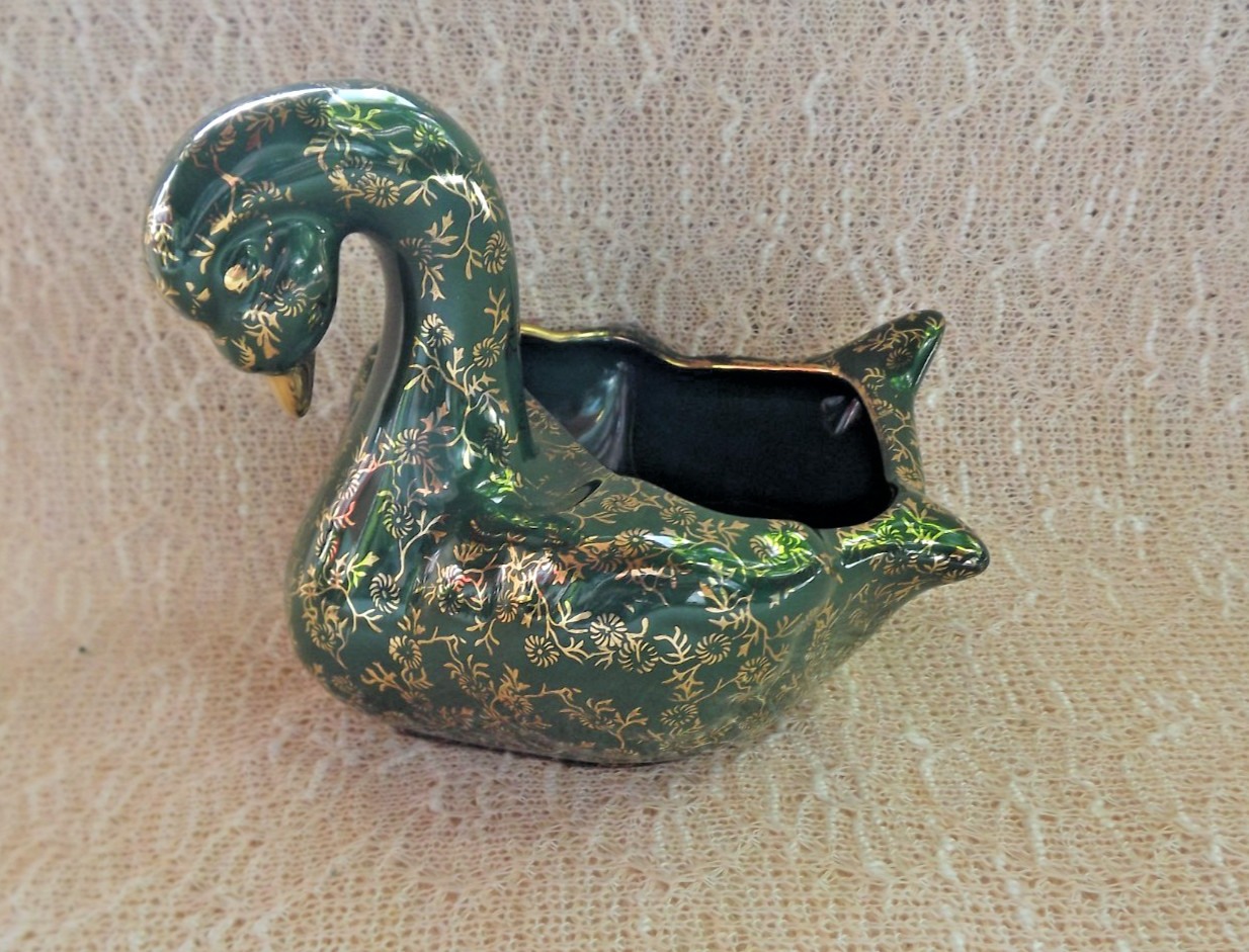 Green & Gold Swan Figurine Planter, Pearl China Co, Hand painted 22KT Gold, USA