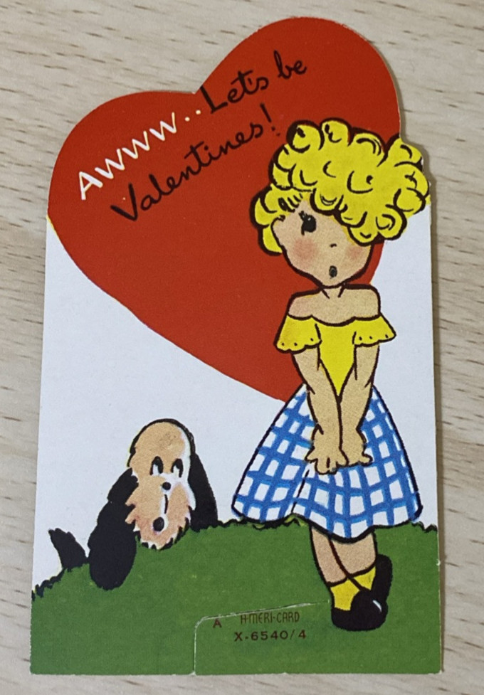 Vintage Valentine- Blonde Girl w/ Puppy Dog, “AWWW.. Let’s be Valentines