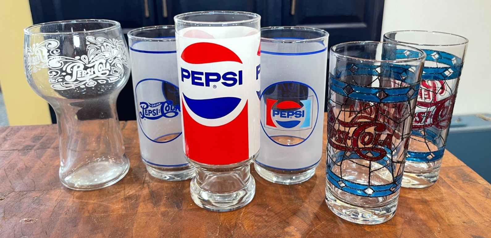 Lot of 6 Pepsi Cola Vintage Glasses Tumbler Footed Circa 1906 1973 Stained ~NICE Lot of 6 Pepsi Cola Vintage Glasses Tumbler Footed Circa 1906 1973 Stained ~NICE