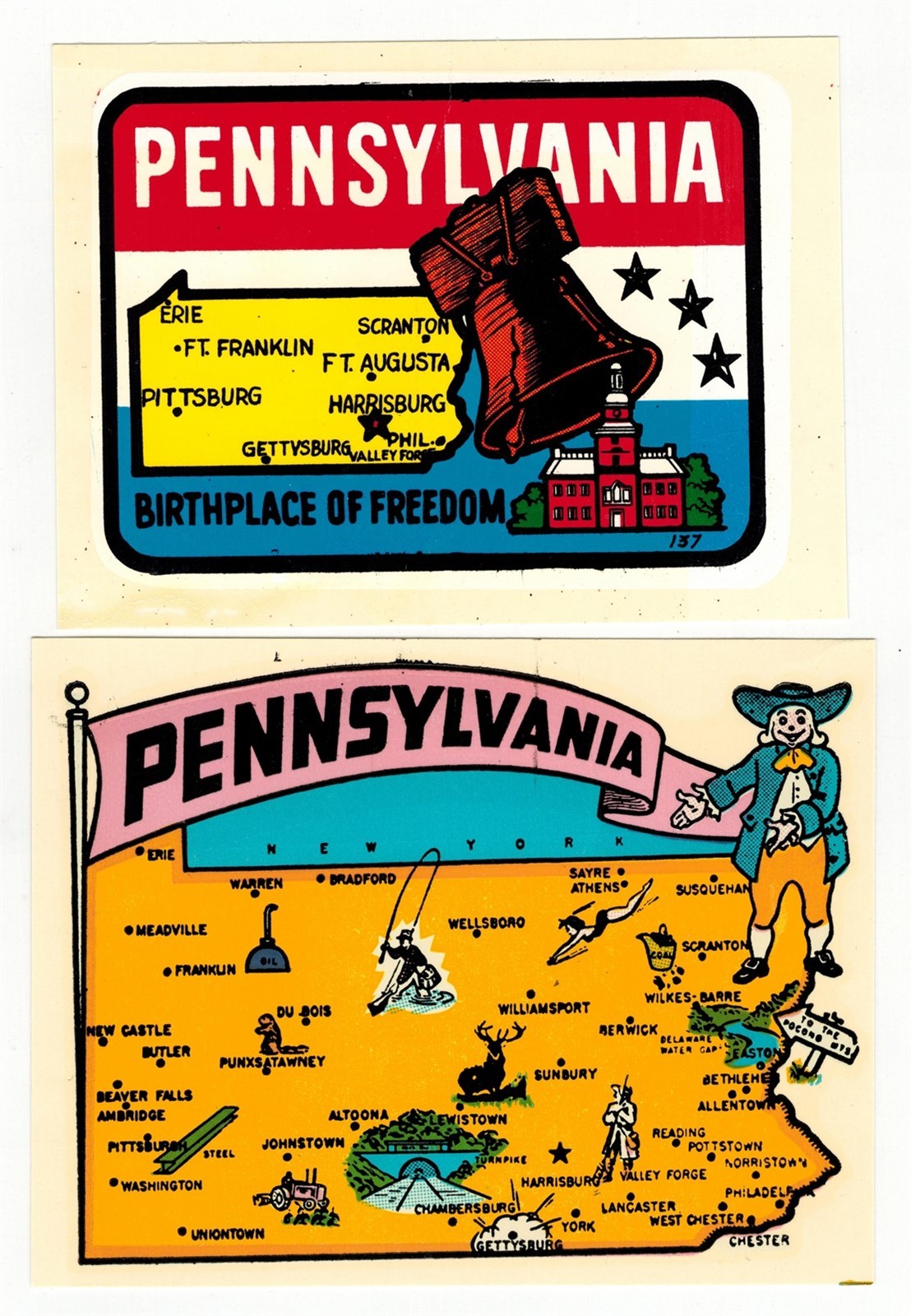 Lot 2 Vintage Pennsylvania Decals State Map Liberty Bell & Pennsylvania Quaker Lot 2 Vintage Pennsylvania Decals State Map Liberty Bell & Pennsylvania Quaker