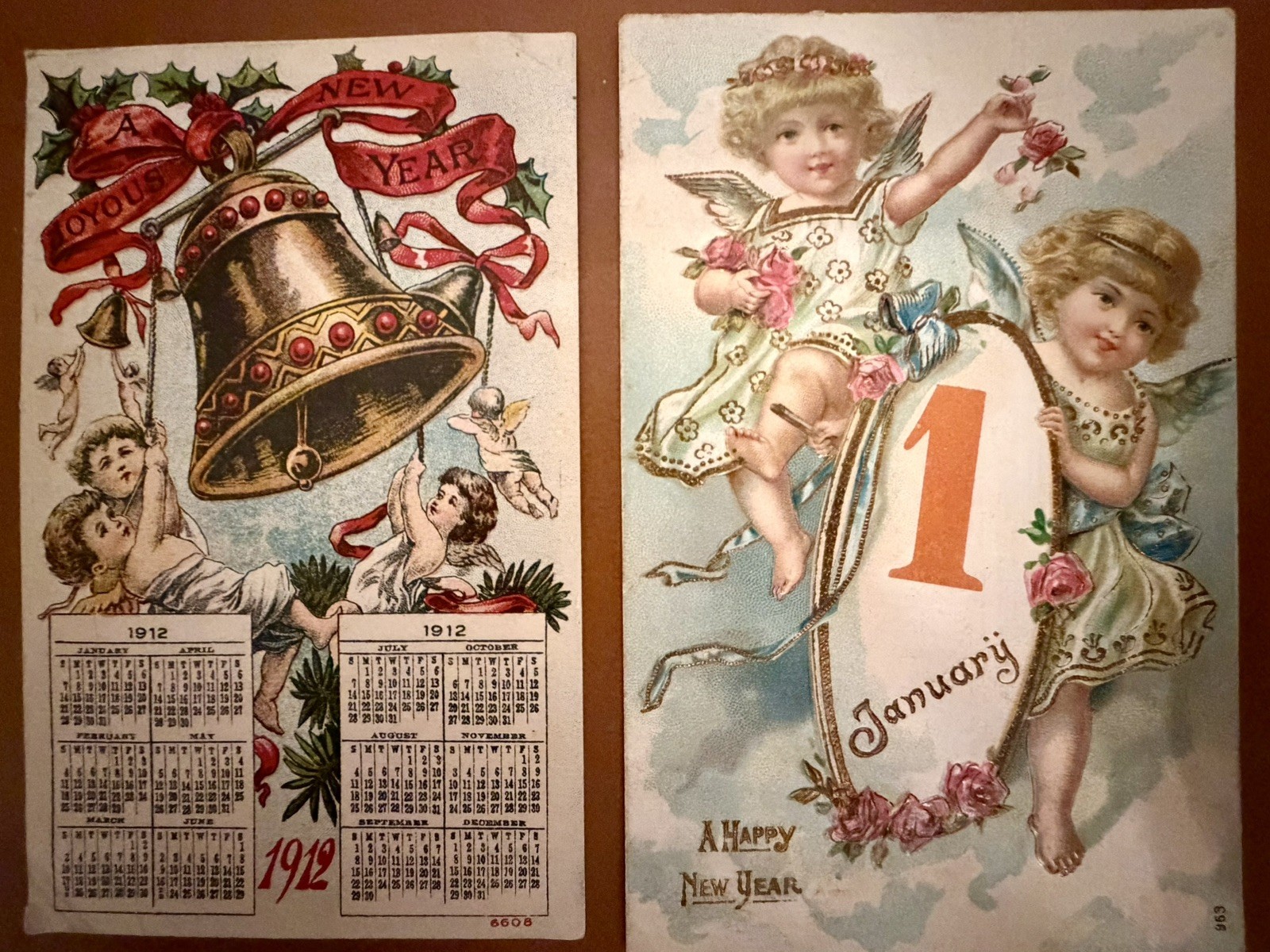2 Antique New Year Postcards 1912 Calendar Ad Card Cherubs Angels Embossed