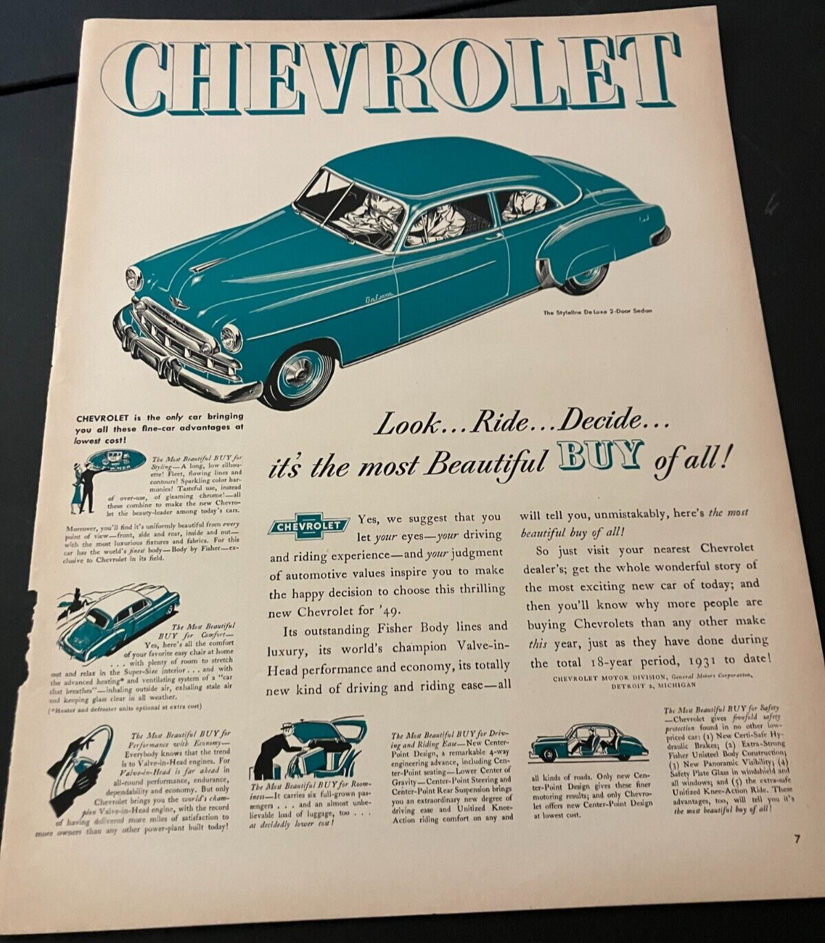 1949 Chevrolet Styleline De Luxe - Vintage Original Print Ad / Wall Art - CLEAN
