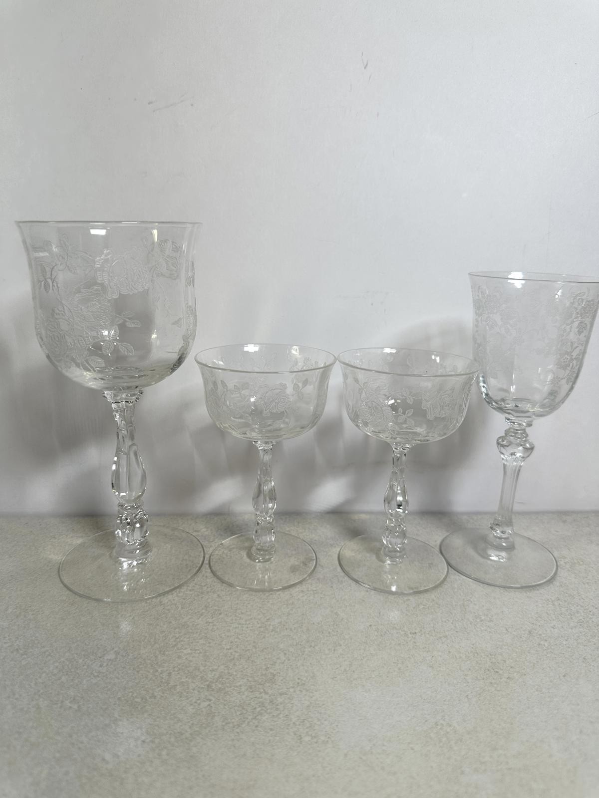 VTG 1930s Fostoria Willowmere Etched Crystal Stemware Set Floral
