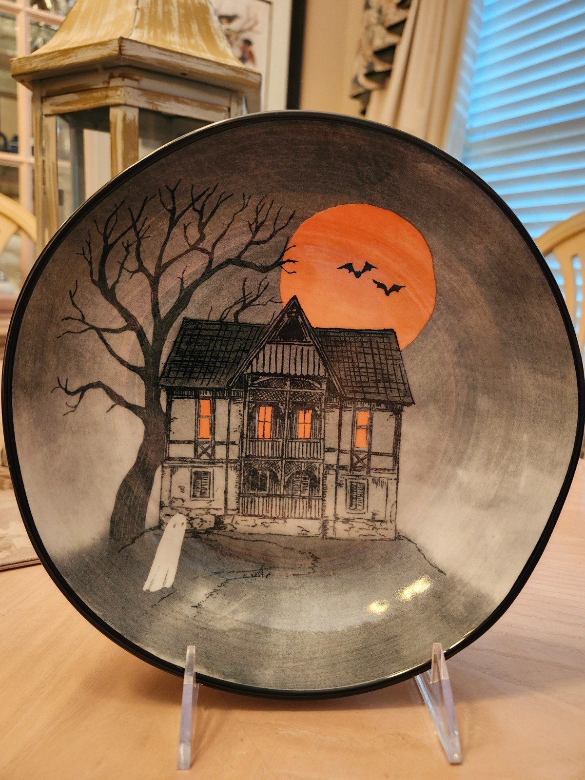 PRIMO DESIGN HAUNTED HOUSE FULL ORANGE MOON SERVING DINNER BOWL BATS GHOST
