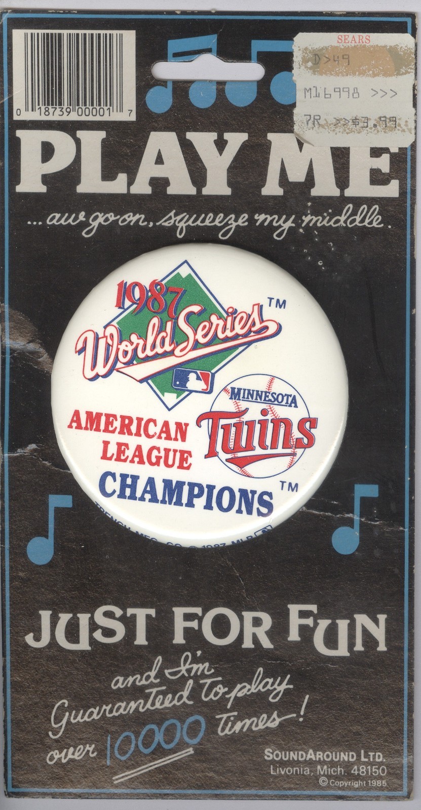 1987 Minnesota Twins A.L. Champions World Series Musical Pin-back Button 3 inch