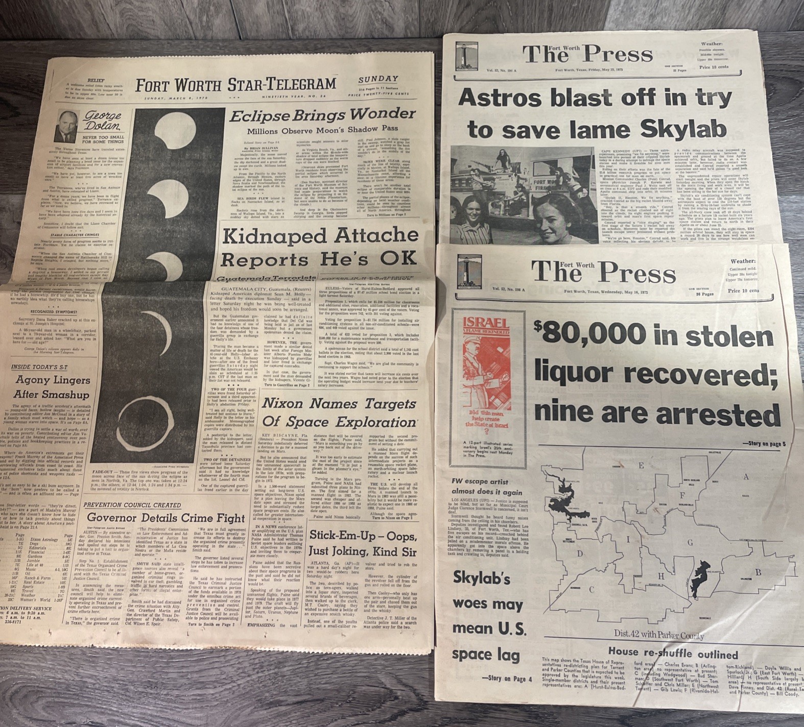 1970s Texas Newspaper Lot (3) SKYLAB Space Race 1970 SOLAR ECLIPSE Fort Worth