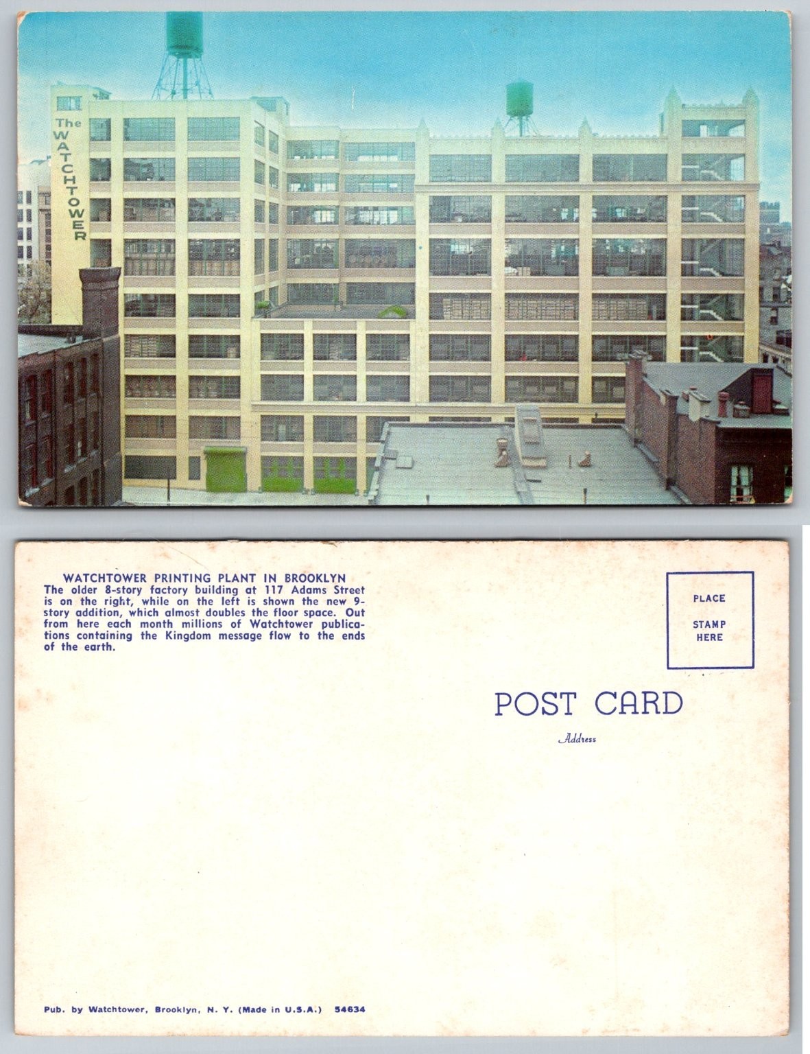 Watchtower Printing Plant Brooklyn NY Postcard 117 Adams St Jehovah's Witness