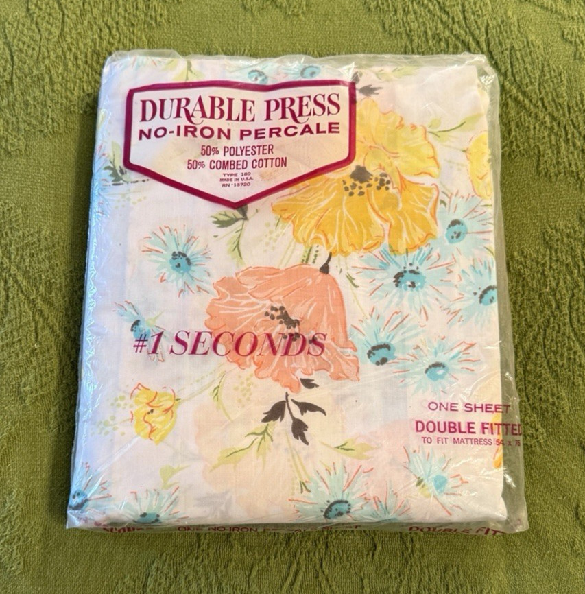 Vintage 70's NOS Flower Power Fitted Double Sheet