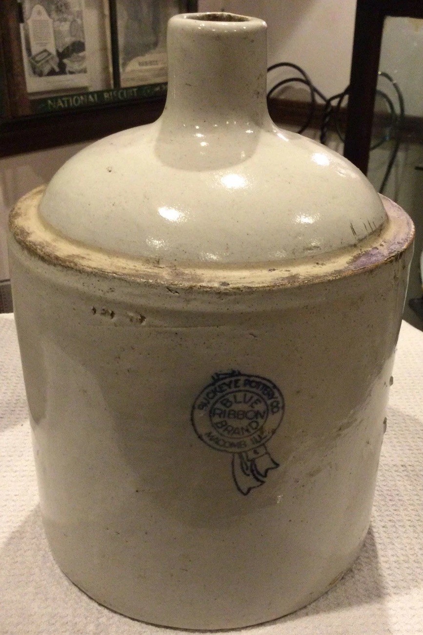 Antique Buckeye Pottery Co. Blue Ribbon Brand Macomb ILL Stoneware Jug Jar Crock
