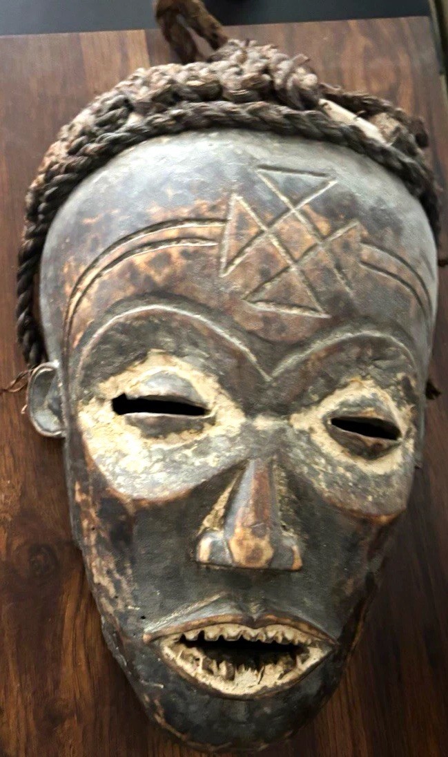 Antique Hand-Carved African Wooden Mask Wall Decor with Rope Hanger