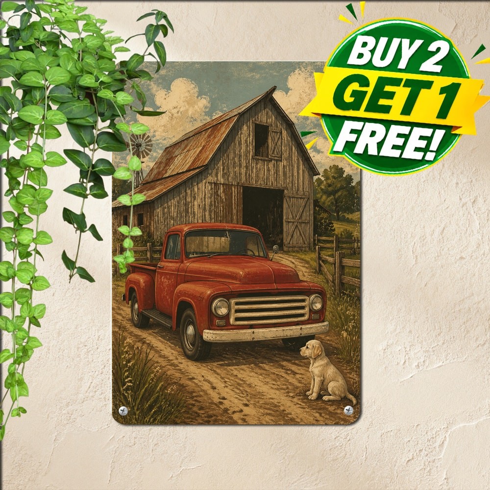 Farmhouse Pickup Truck Pet Dog Sign Metal Tin Sign Vintage Decor Plaque 8x12
