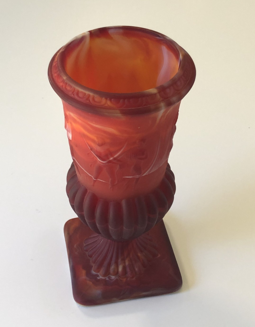 VTG Mcm Imperial Glass Satin Finish Ruby Red Slag Glass Dancing Nymph Urn Vase VTG Mcm Imperial Glass Satin Finish Ruby Red Slag Glass Dancing Nymph Urn Vase