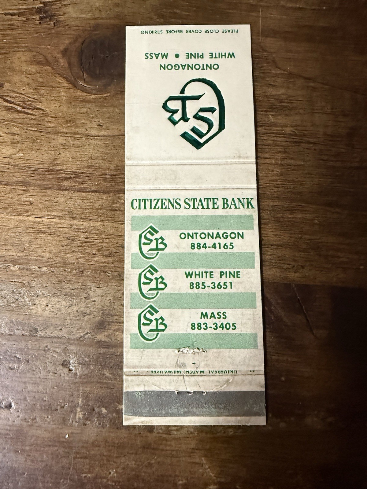 D1531 Citizens State Bank Ontonagon Massachusetts Vintage Matchbook Cover