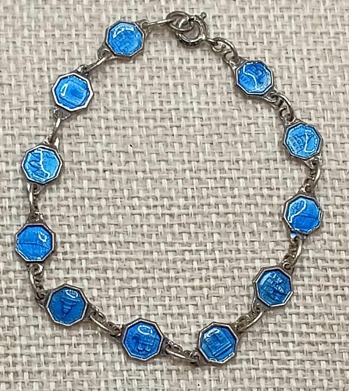 Antique French Souvenir Bracelet Blue Enamel Petite Sz 6.5 Paris Monument Medals