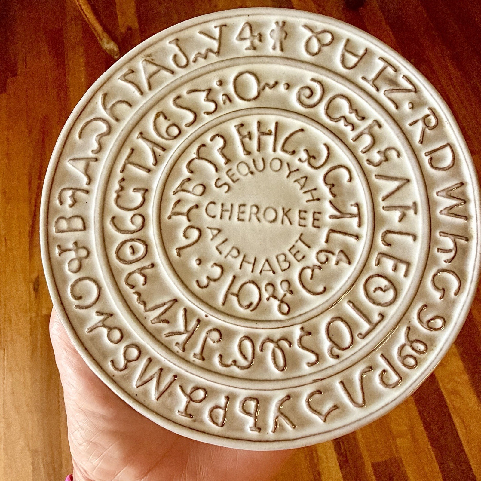 Vintage White Frankoma Pottery Trivet Sequoyah Cherokee Alphabet 1828