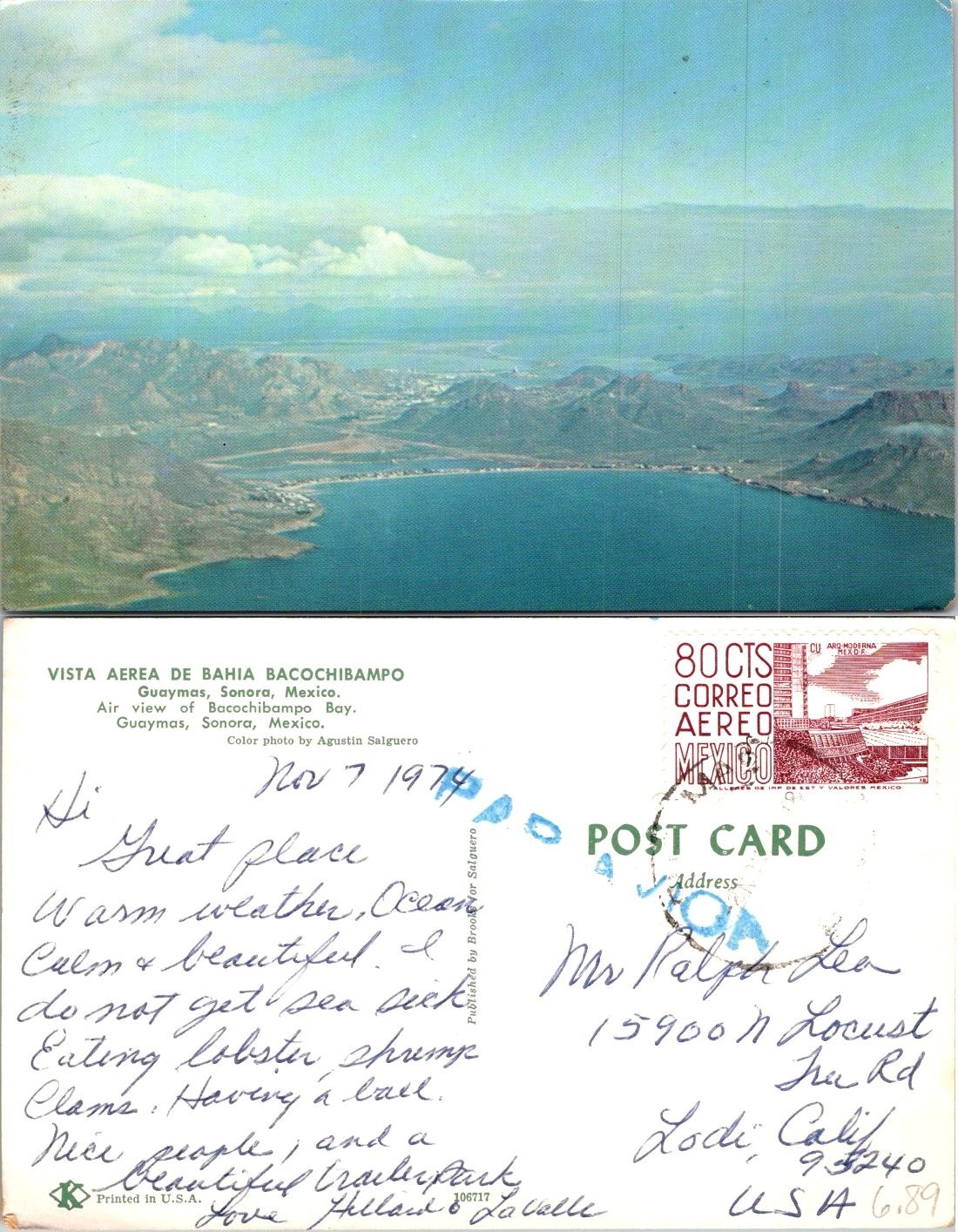 Guaymas, Sonora, Mexico Bahia Bacochibampo Vista Aerea Postcard 70099