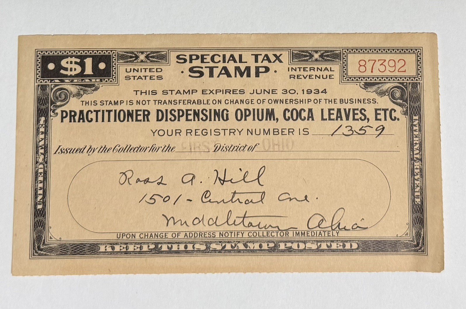 1934 US Internal Rev Special Tax Stamp Practitioner Dispensing Opium VF-XF