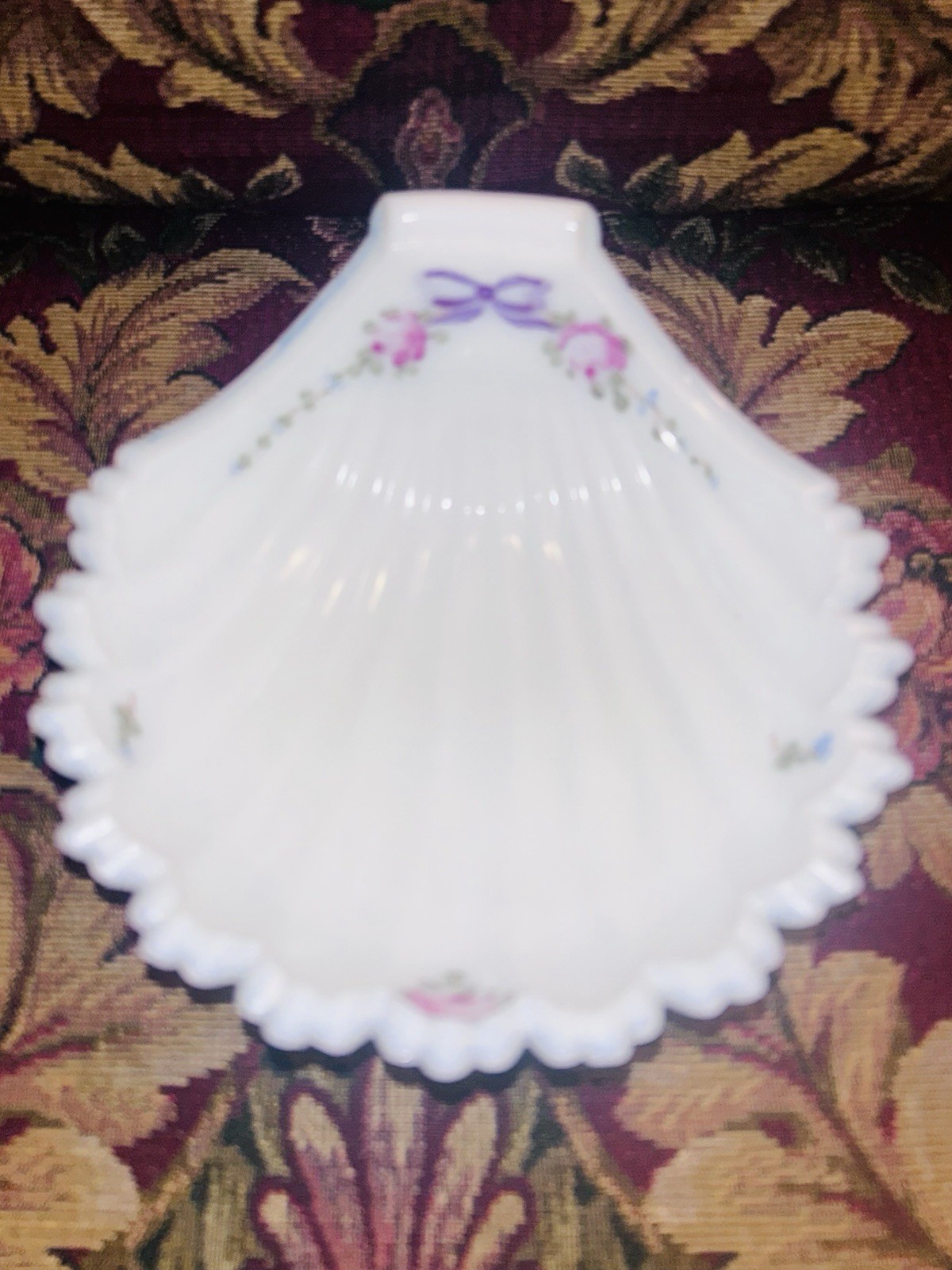 Vintage 1960s Westmoreland Hand Painted Seashell Milk Glass Three Footed Dish