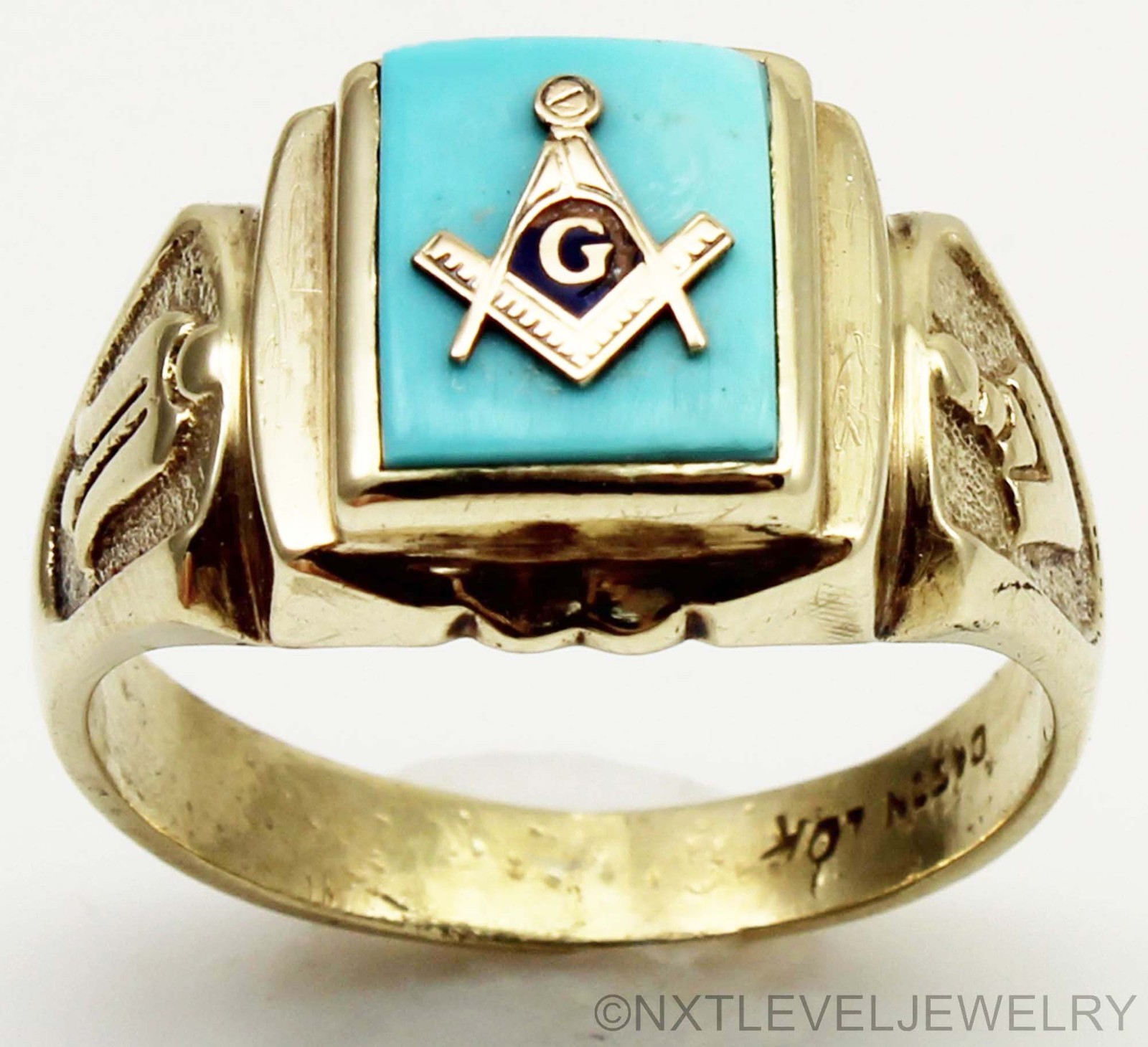 RARE Vintage SIGNED 1940's Masonic Natural Turquoise 10k Solid Gold Men's Ring