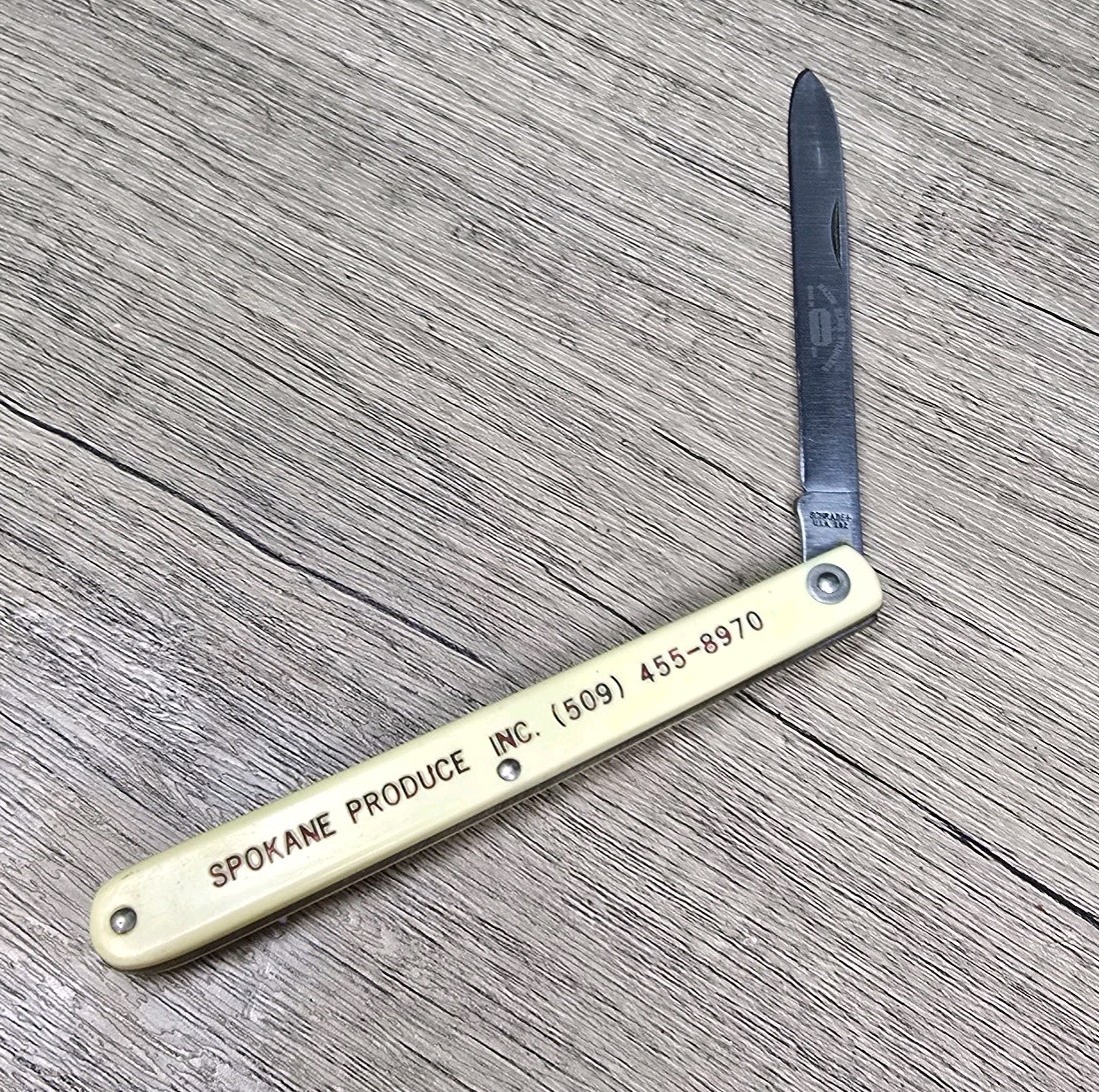 Vtg 1970s Schrade 88700 Spokane Produce Advertising Fruit Tester Folding Knife