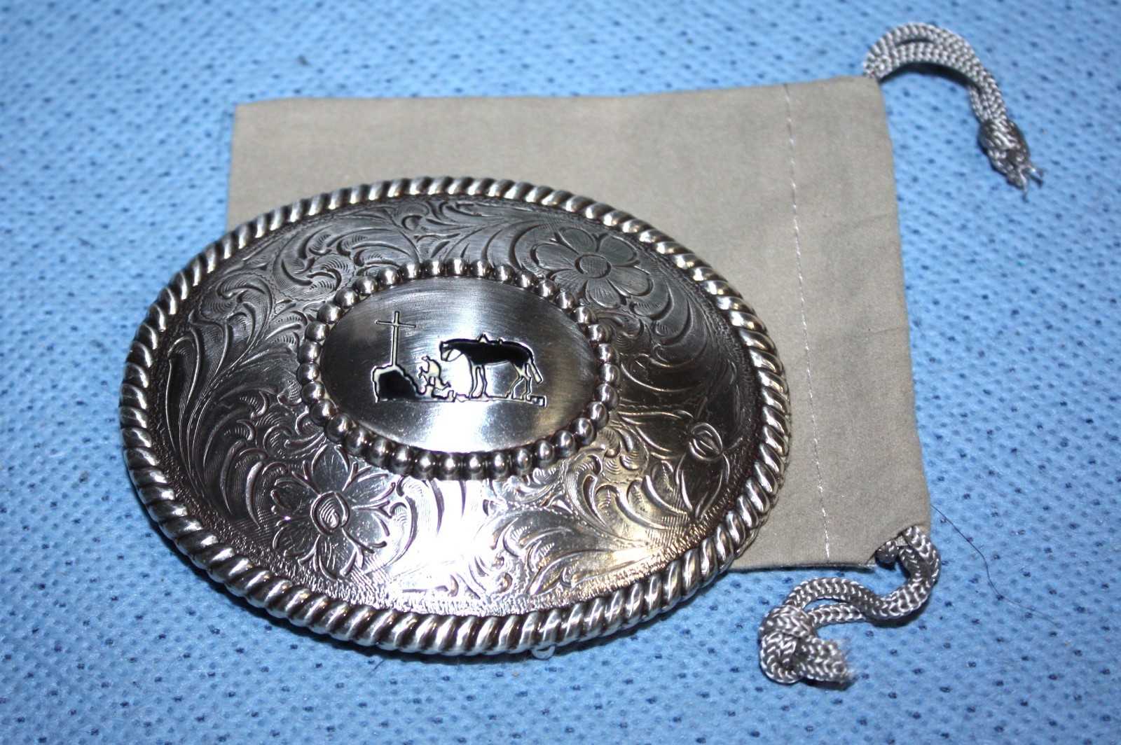 Vintage Nocona Silver Plated Praying Cowboy w Horse Belt Buckle