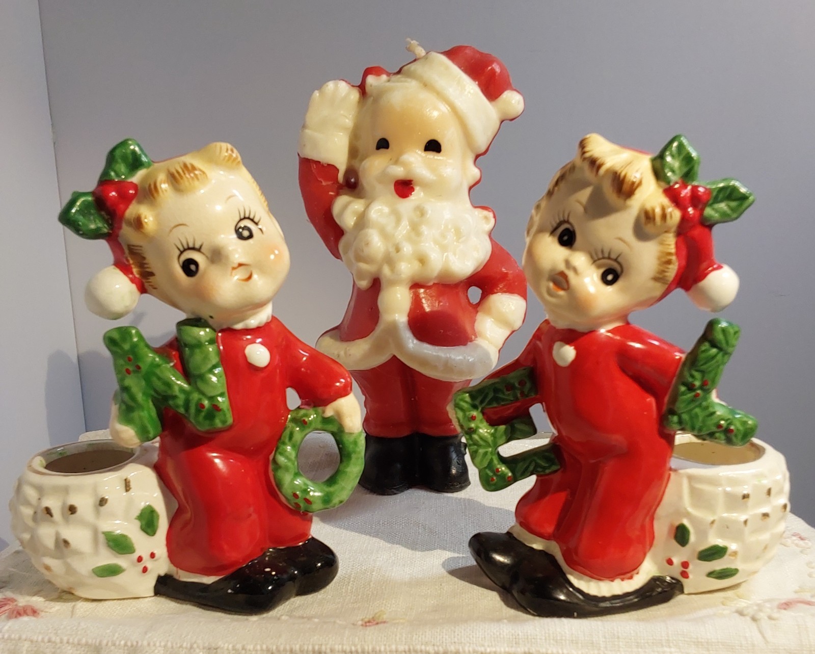 Vintage MCM 50\'s Japan Commodore NOEL Kids Children Candle Holders /Santa Candle