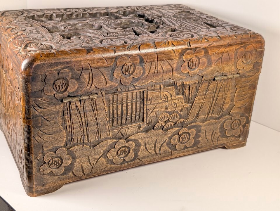 Vintage Chinese Hand-Carved Camphor Wood Chest Village Scene Box 15
